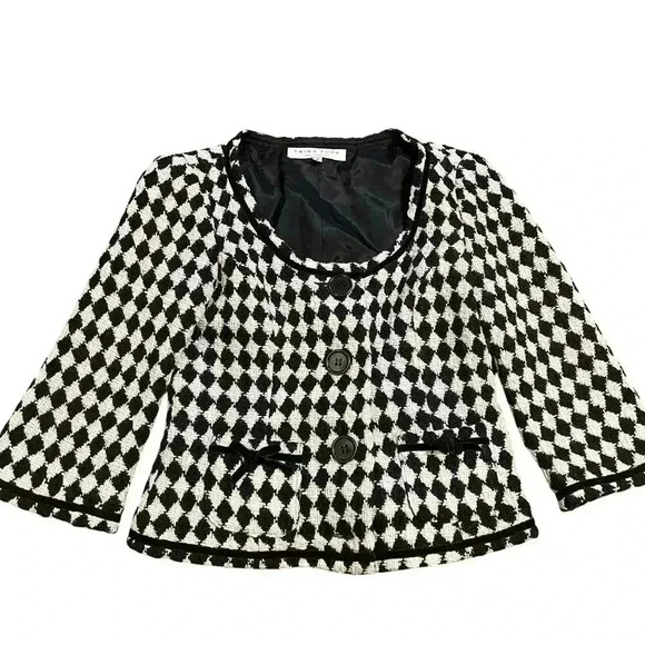 Trina Turk Wool Blend Jacket Size 4 Tweed Preppy Velvet Trim Bows Chic Career - Picture 1 of 10